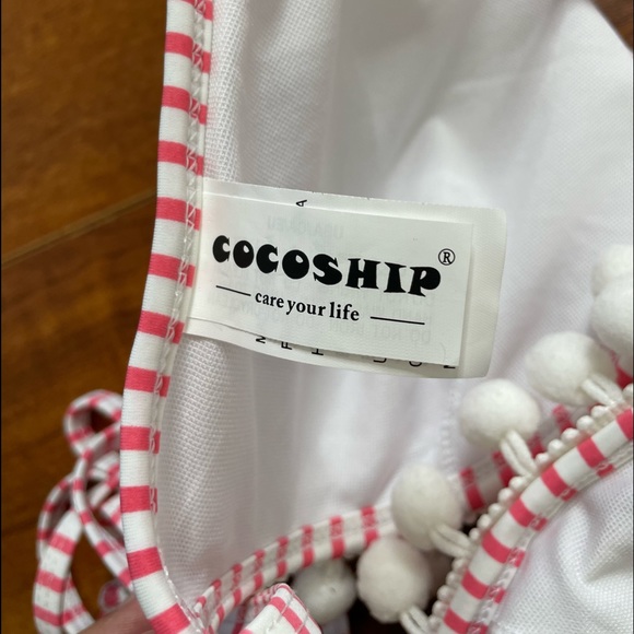 COCOSHIP Boho Pom Pom High Waist 2 PIECE BIKINI Pink Stripes Size 14 - Picture 2 of 9